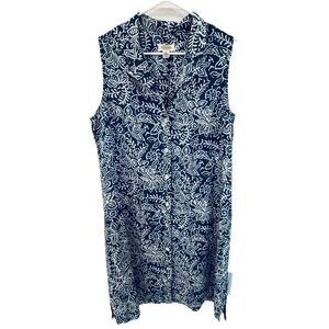Talbots Midi Shirt Dress‎ Linen Blend Floral Button Tropical Beach Blue Cream 16